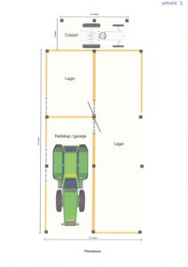 Etasjeplan (planskisse) som viser romfordeling (Lager, Redskap/garasje, Carport), dimensjoner og plassering av kjøretøy.