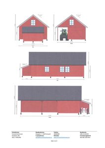 Fasadetegning som viser bygningens utseende fra fire sider (Sør, Nord, Øst, Vest) med mål og detaljer.