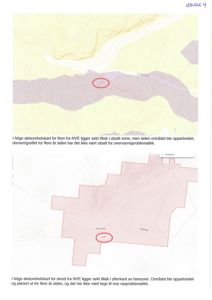 Bildet viser to kart (aksomhetskart) som illustrerer et område med overvannsproblematikk. Kartene er merket med 'VEDLEGG 4' og inneholder tekstforklaringer om hvordan området ble opparbeidet og drenert.