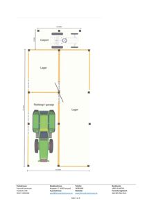 Etasjeplan (eller plantegning) som viser romfordeling i et lager/garasje, med inntegnet bil og redskap.