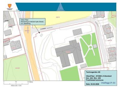 Situasjonsplan som viser plassering av en teknisk hytte (Node) for Viken Fiber i forhold til eksisterende bygninger og infrastruktur.