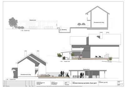 En tegning som viser fasader og snitt av en eksisterende bolig, et nytt badstu/bod og basseng.