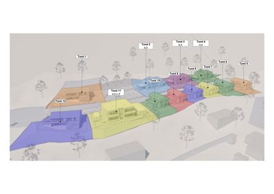 Situasjonsplan som viser plassering av flere tomter (Tomt 1-12) med forslag til bygninger på hver tomt, inkludert trær og terrengforhold.