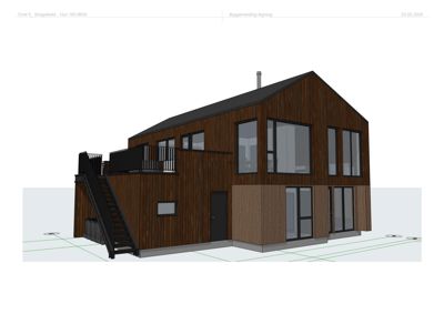 3D-visualisering av en toetasjes bolig med mørk trepaneling, store vinduer og en utvendig trapp.