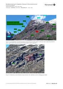 Fotografier av fjellsiden med overlagte markeringer (grønn og lilla linjer) som viser skredfarevurdering og risikonområder.