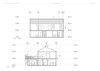 Snittegning (Snitt A og Snitt B) som viser bygningens tverrsnitt, høyder, etasjer og romfordeling.