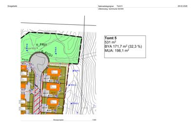 Situasjonsplan som viser tomt 5 med bygningers plassering, arealer (BYA/MUA) og topografi.