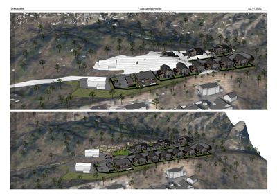 3D-visualisering (rendering) av et boligprosjekt i et terreng. Bildet viser hvordan bygningene, veier og landskapet vil se ut sammen.