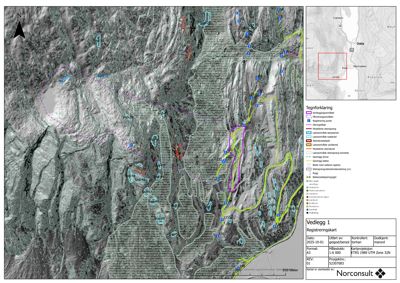 Situasjonsplan med terrengmodell, overlagte arealer (f.eks. kartleggingsområde, lavvannsføre) og nabolagskart i øvre høyre hjørne.