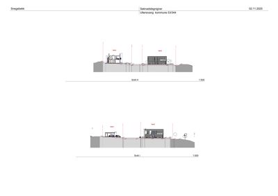 Snittegning (Snitt H og Snitt I) som viser bygningens høyde, grunnmur og relasjon til terreng.