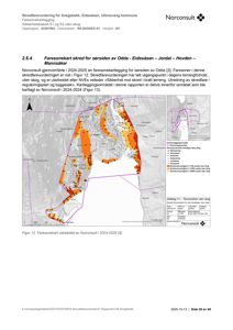 Faresonekart for skredfarevurdering i Snebgekk, Eidesåsen, Ullensvang kommune. Kartet viser skredfareområder (fargekodet) og kartleggingsområde (lilla linje) sett fra luften.
