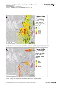 Kart som viser faresoner for steinsprang og isneområder i Snebgebekk, med overlagte data om kinetisk energi og sannsynlighet for steinsprang.