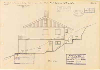 Fasadetegning (opprikk) av en toetasjes bygning med trapp og balkong, sett fra syd.