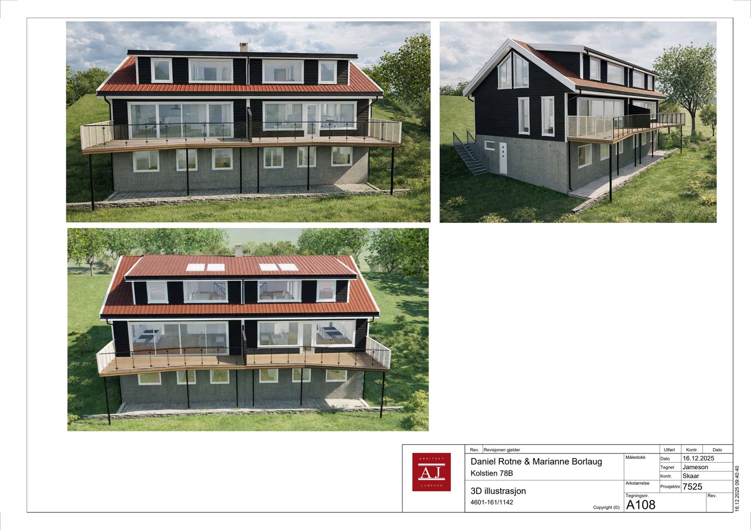 Tre 3D-visualiseringer av en planlagt bolig (fra front, side og bak) med tegningsinformasjon i bunnen.