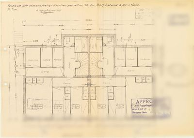 En tegning som viser etasjeplan for kjelleren i en to-manns bolig. Tegningen inneholder romnavn (f.eks. 'Gang', 'Vaskerom', 'Bad'), dimensjoner og en skisse av trappene.