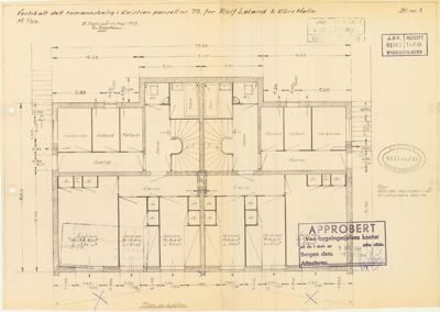 En tegning som viser etasjeplan for kjelleren i en to-manns bolig. Tegningen inneholder romnavn (f.eks. 'Gang', 'Vaskerom', 'Bad'), dimensjoner og en skisse av trappene.