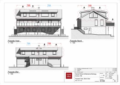 Fasadetegning som viser bygningens utseende fra tre sider: Vest, Nord og Øst.