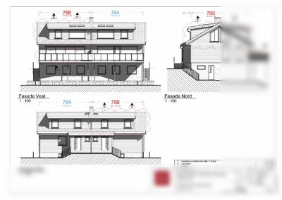 Fasadetegning som viser bygningens utseende fra tre sider: Vest, Nord og Øst.