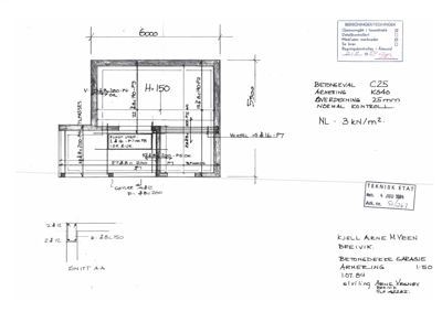 Betongdekke med armering og dimensjoner for en garasje (Snitt A-A).