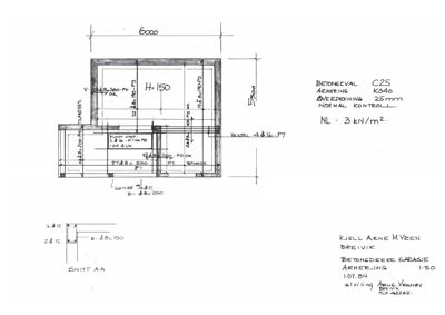 Betongdekkets armering og dimensjoner for en garasje, inkludert snitt A-A.