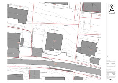 Situasjonsplan som viser tomtens beliggenhet, omgivende bebyggelse, vegnett, høydemålerlinjer og prosjektets plassering.