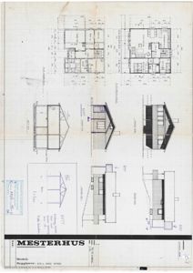 Bildet viser en tegning med etasjeplaner (planer) for en bolig, inkludert romfordeling og mål. Det inneholder også fasadeopprikk og snitt.
