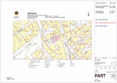 Basiskart (situasjonsplan) som viser tomt, eiendomsgrenser, eksisterende og ny bebyggelse, samt avstander til vei og eiendomsgrenser.