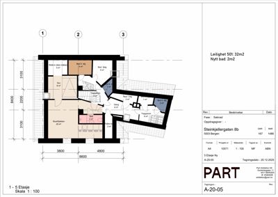 Etasjeplan for leilighet 501 på 5. etasje i Stein kjeller gaten 8b, som viser romfordeling, mål og areal.
