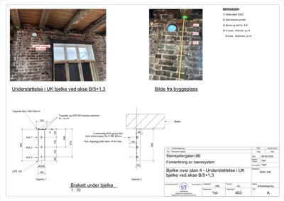 En teknisk detaljtegning som viser en konstruksjon for understøttelse av en bjelke (brakett), inkludert dimensjoner, materialer og monteringsinstruksjoner.