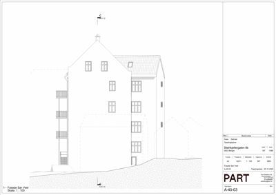 Fasadetegning (opprikk) av bygningen på Slettinkjelleren 8b sett fra vest.