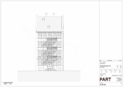 Fasadetegning (opprikk) av bygningen på Stortingsgata 8b sett fra øst.