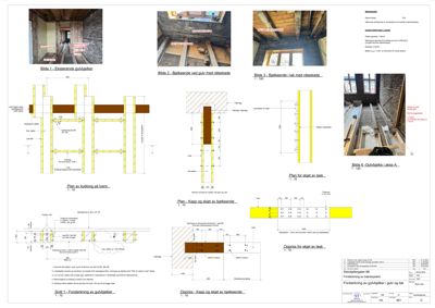 En samling av tekniske tegninger og detaljer som viser eksisterende gulvbjelker, bjelkeende, tak og forankring av gulvbjelker i tåk.