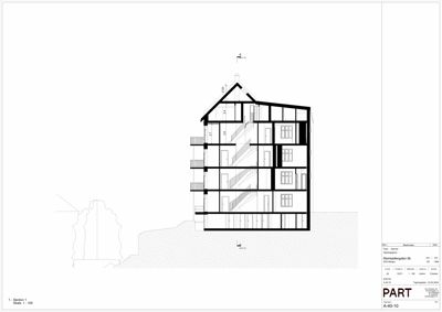 Snittegning (A-40-10) som viser bygningens tverrsnitt, etasjer, høyder og romfordeling.