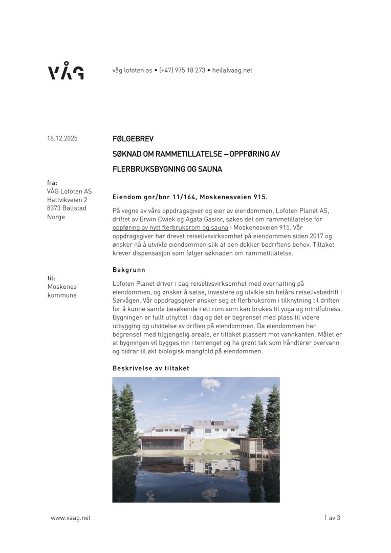 Et fotografi av en planlagt eller eksisterende bygning (Lofoten Planet AS) med et grunt tak og vannkanten i bakgrunnen, inkludert tekst om rammetillatelse.