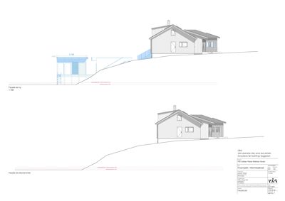 Fasadetegning som viser bygningens utseende fra utsiden, inkludert takform, vinduer og terrengforhold.