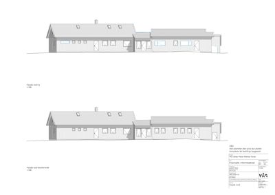 Bildet viser to fasadetegninger (opprikk) av en bygning sett fra nord. Den øverste tegningen viser en ny fasade, mens den nedste viser en eksisterende fasade. Begge er tegnet i 1:100 skala.