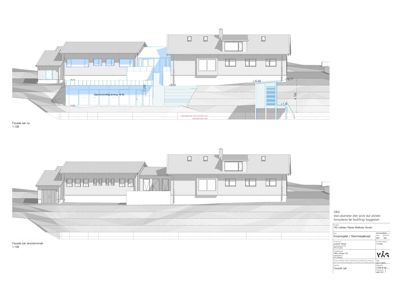 Bildet viser to fasadetegninger (opprikk) av en bygning: en ny fasade og en eksisterende fasade, sett fra fronten.
