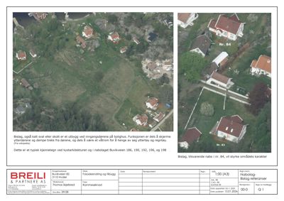 Luftfoto (satellittbilde) av et boligområde med markerte hus (Nr. 82 og Nr. 84) og tekstbeskrivelse om bebyggelsens karakter.