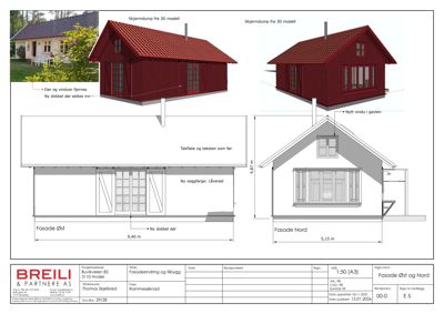 Fasadetegning med 3D-modell og snitt som viser fasade Øst og Nord, inkludert mål og endringer.