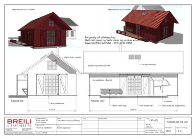 Fasadetegning som viser bygningens utseende fra vest og sør, inkludert detaljer om vinduer, dører og fargevalg.