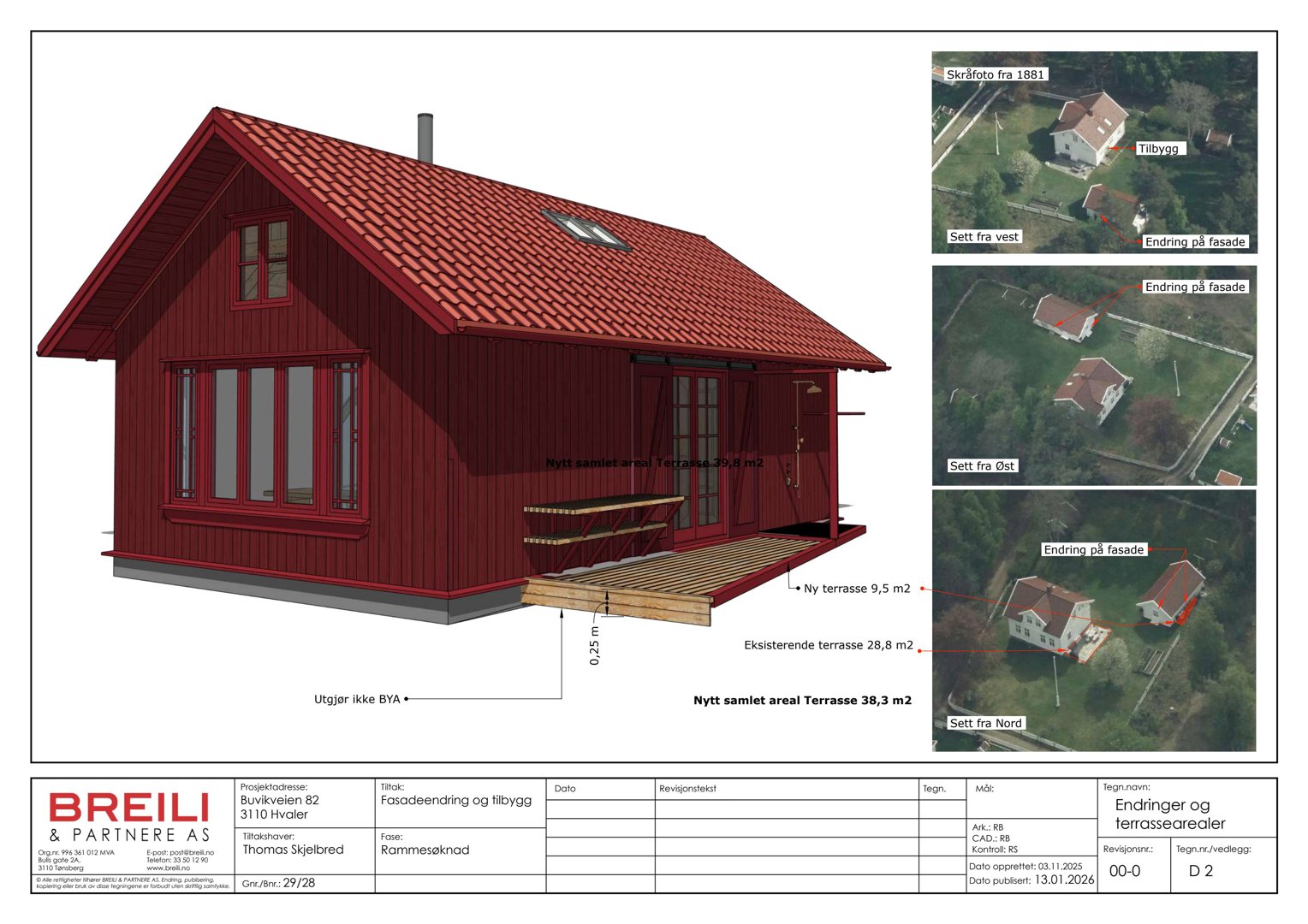 3D-visualisering av en nybygd eller ombygd hytte med terrasser, inkludert sammenlignende satellittbilder (fotomontasje) som viser endringer i fasade og areal.