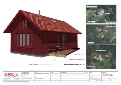 3D-visualisering av en nybygd eller ombygd hytte med terrasser, inkludert sammenlignende satellittbilder (fotomontasje) som viser endringer i fasade og areal.