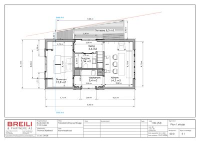 Etasjeplan (1. etasje) med romfordeling, mål og snittlinje.