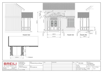 Fasadetegning som viser oppriss av bygningens front med mål og detaljer for Vest, Sør og Øst-fasade.