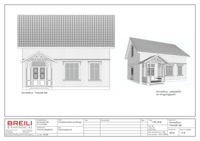 Fasadetegning som viser fronten på hovedhuset sett fra sør, inkludert etasjeplan og perspektivvisning av inngangsparti.