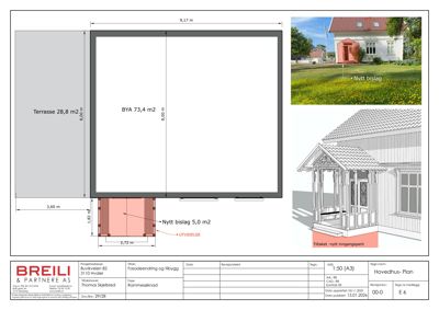 Etasjeplan som viser romfordeling, mål og areal for en utvidelse av et hus.