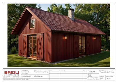 3D-visualisering (perspektiv) av et planlagt annekshus med rød fasade og tak.