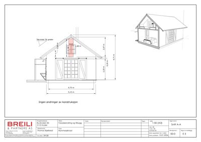 Fasadetegning (Snitt A-A) av en bygning med mål og konstruksjonsdetaljer