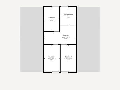 Etasjeplan som viser romfordeling, romnavn (soverom, leilighetstue, trappeoppgang) og arealer.