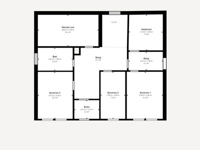 Etasjeplan som viser romfordeling, romnavn (f.eks. soverom, bad, gang) og arealer for et hus.